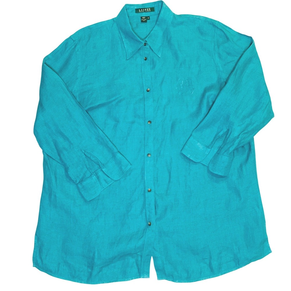 LAUREN RALPH LAUREN WOMENS SHIRT BUTTON VINTAGE LINEN MONOGRAM LRL 1X blue teal